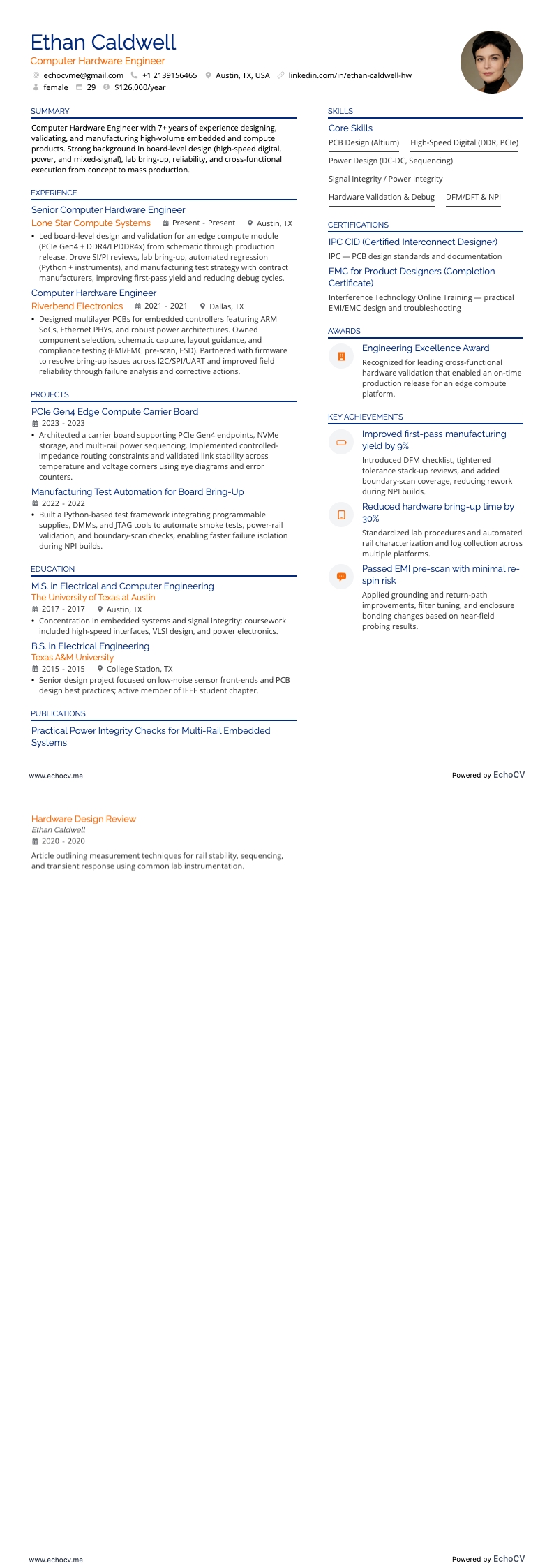 Computer Hardware Engineer example resume