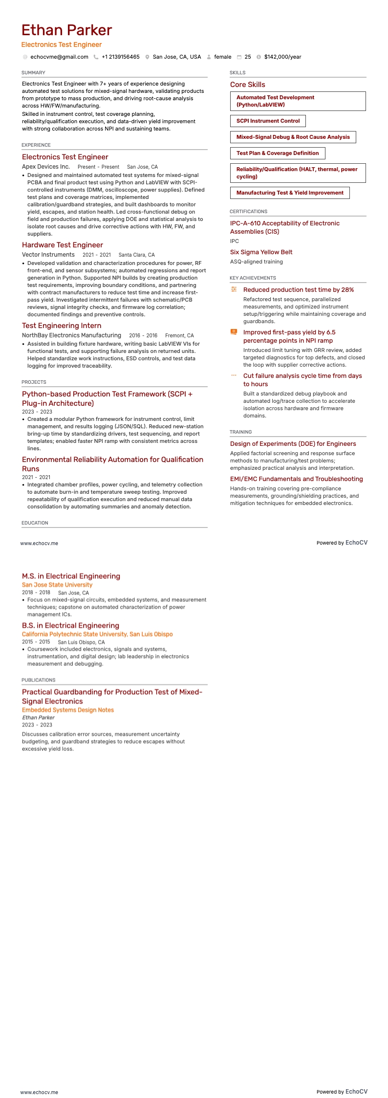 Electronics Test Engineer example resume