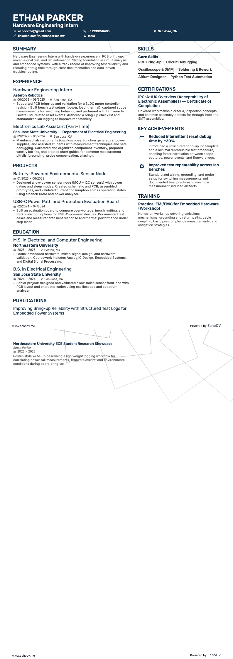 Hardware Engineering Intern example resume
