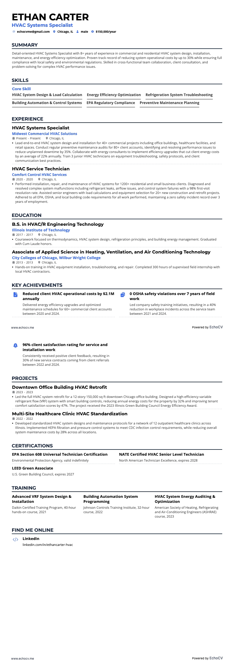 Especialista em sistemas HVAC example resume