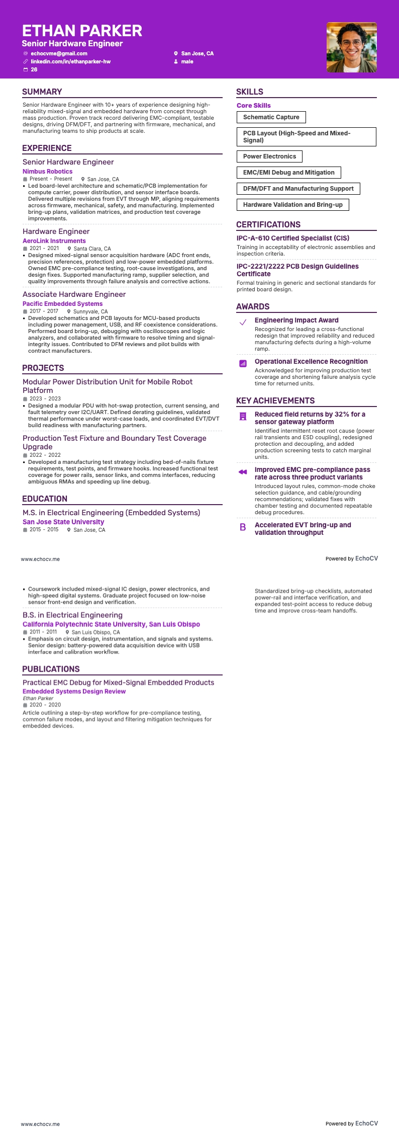 Senior Hardware Engineer example resume