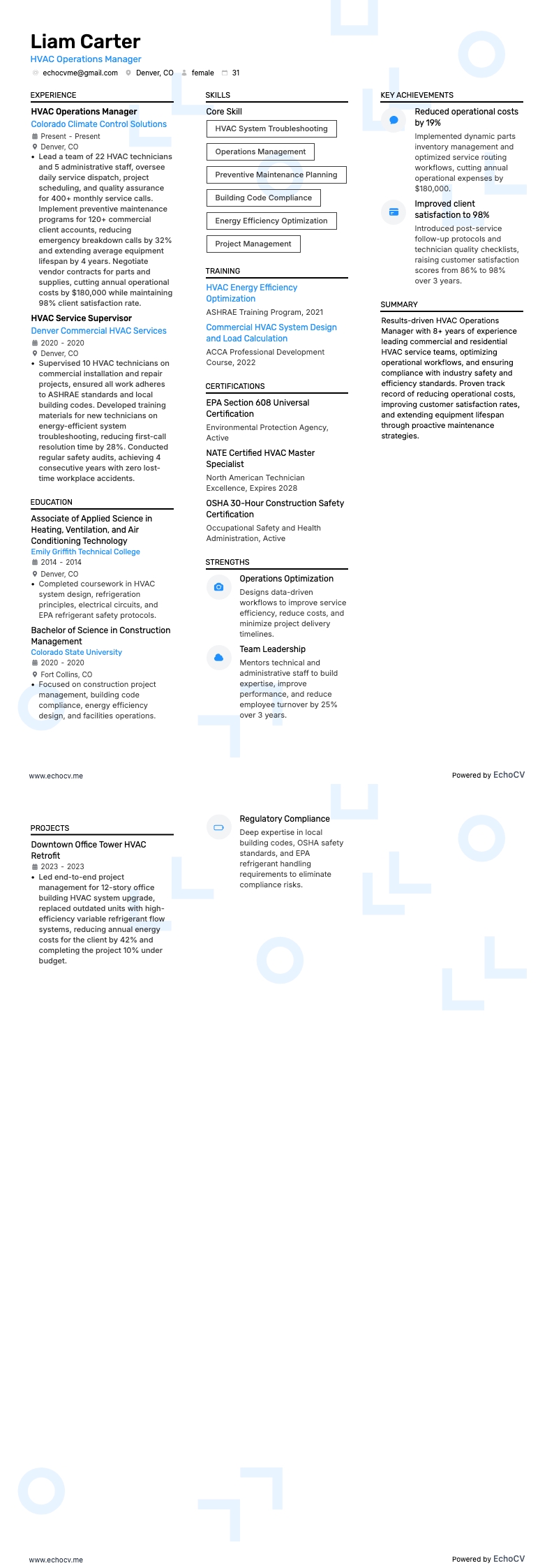 Gerente de Operações de HVAC example resume
