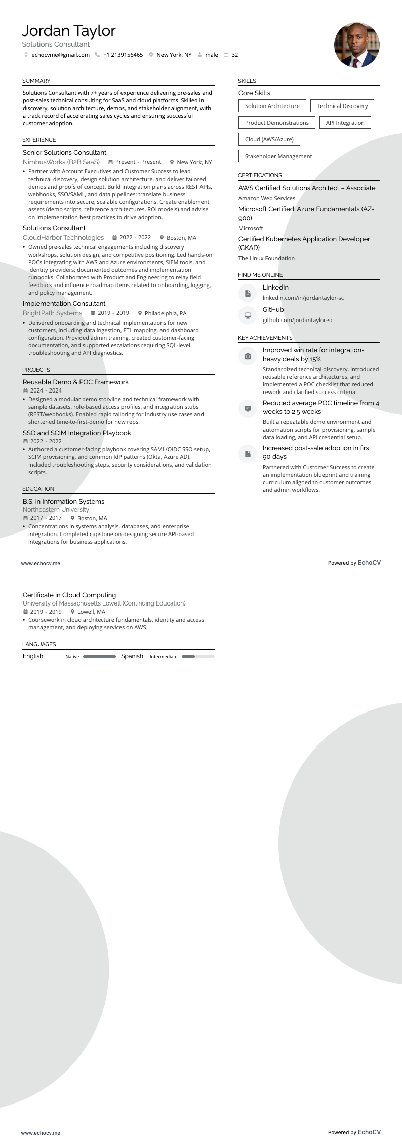 Solutions Consultant example resume