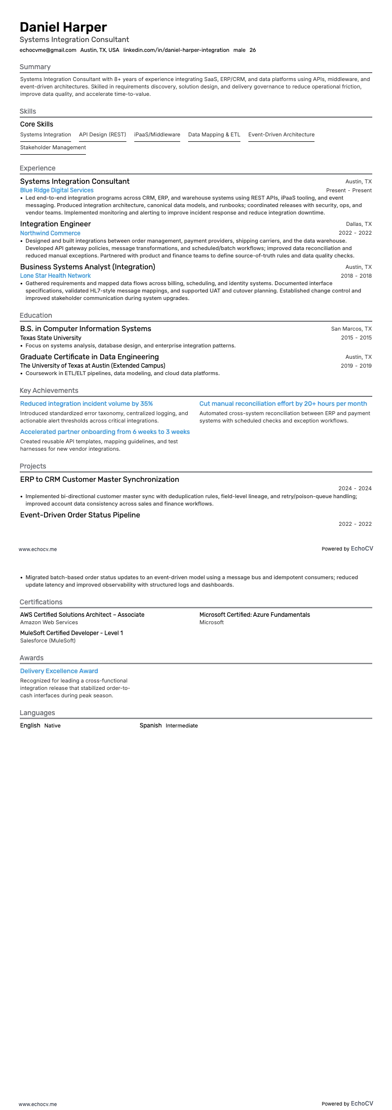 Systems Integration Consultant example resume