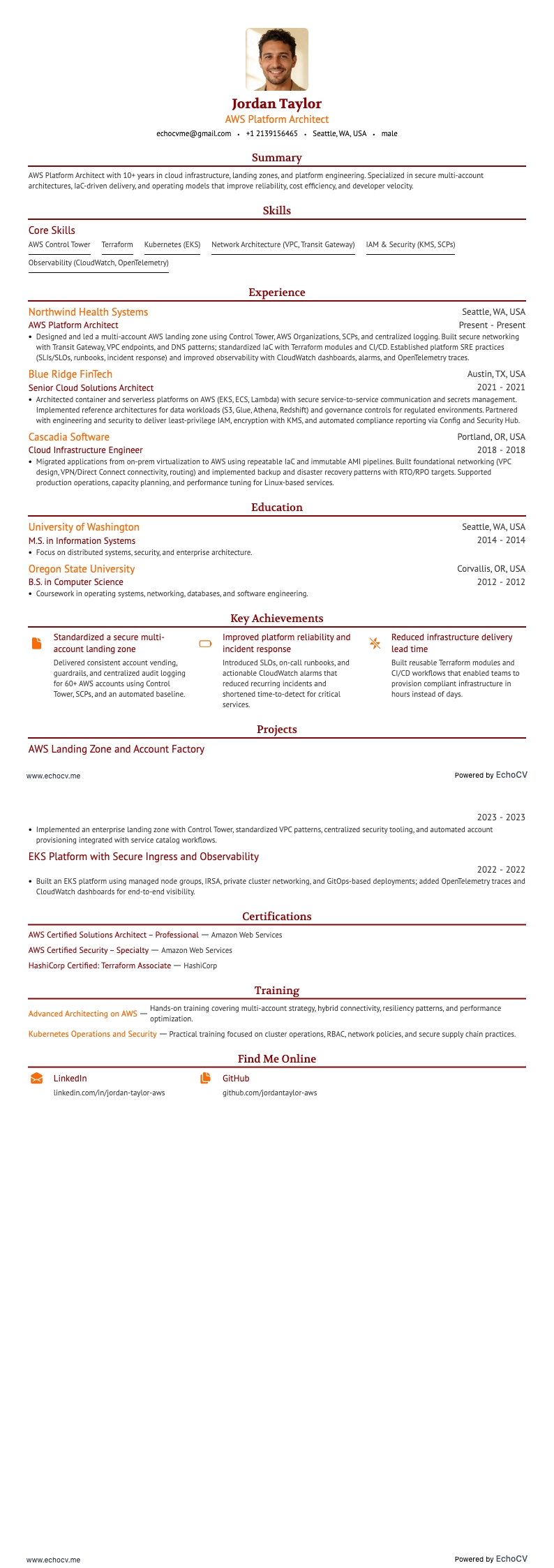 AWS Platform Architect example resume