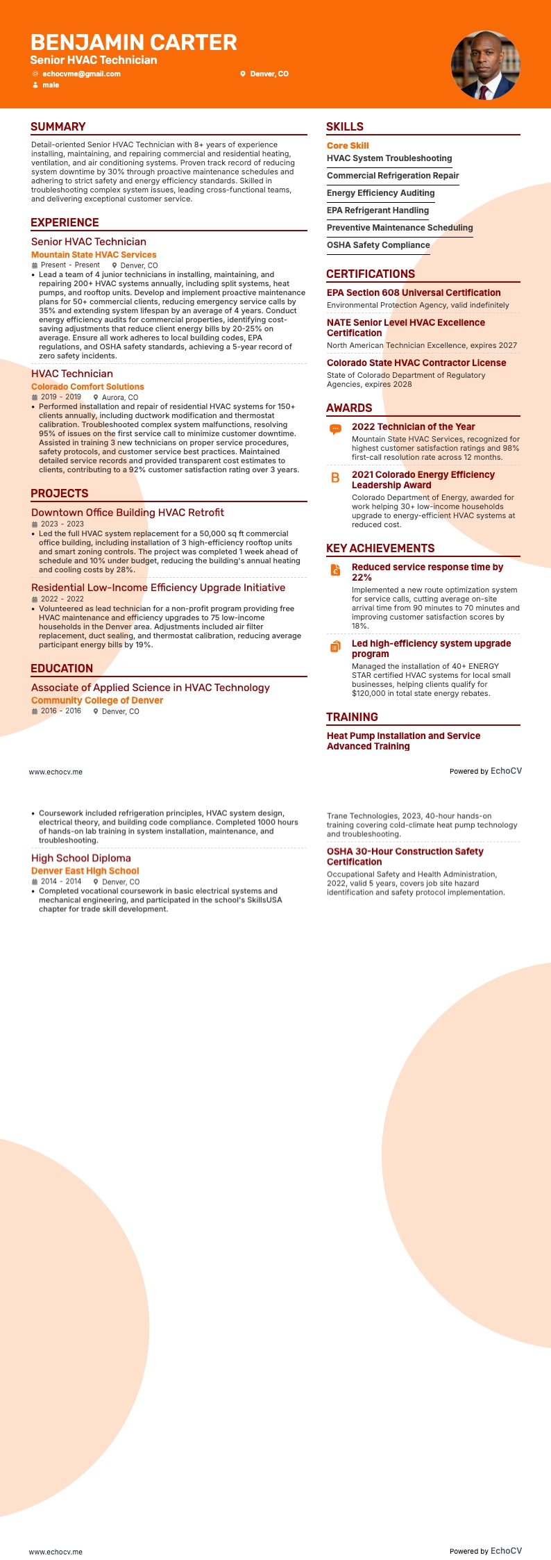 Técnico sénior de HVAC example resume