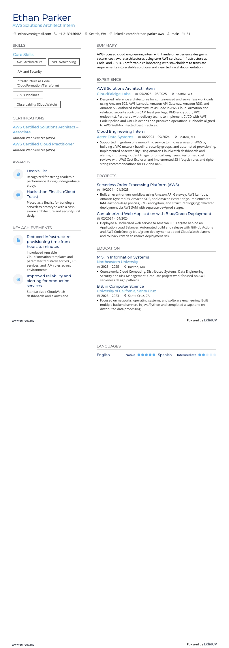 AWS Solutions Architect Intern example resume