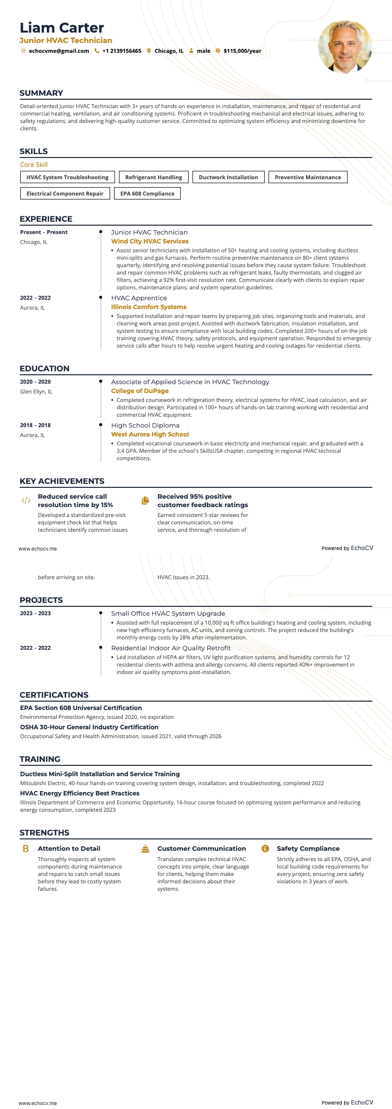 Técnico júnior de HVAC example resume