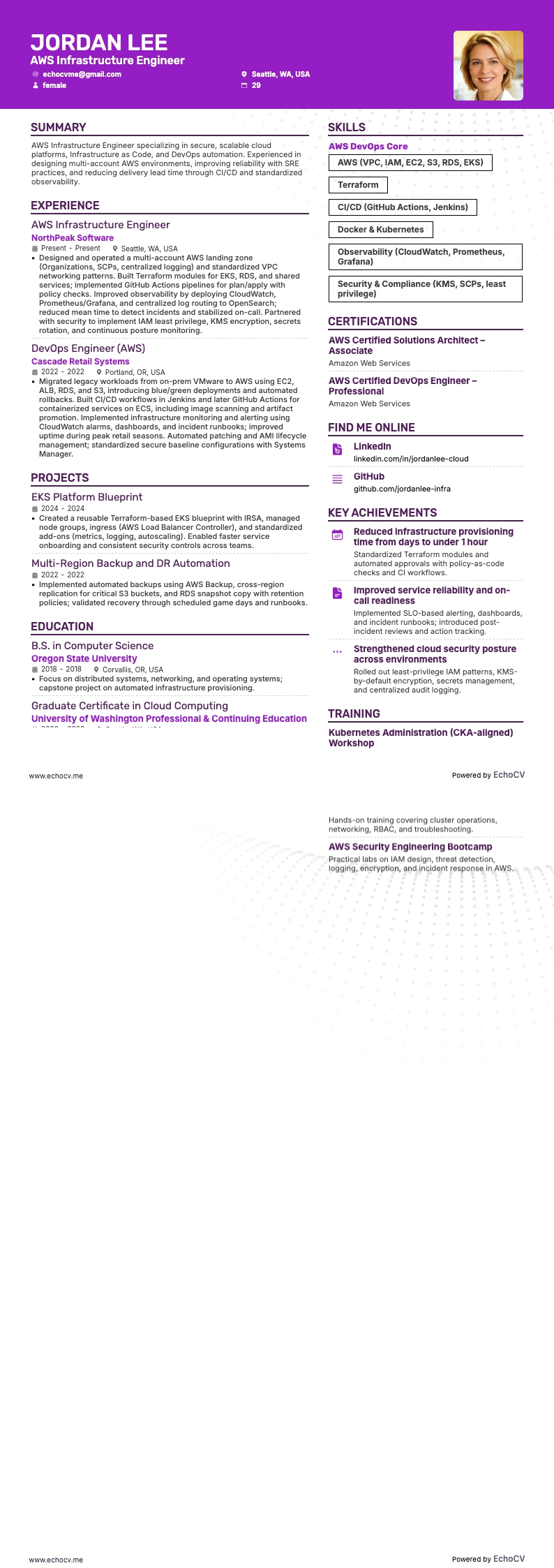 AWS Infrastructure Engineer example resume