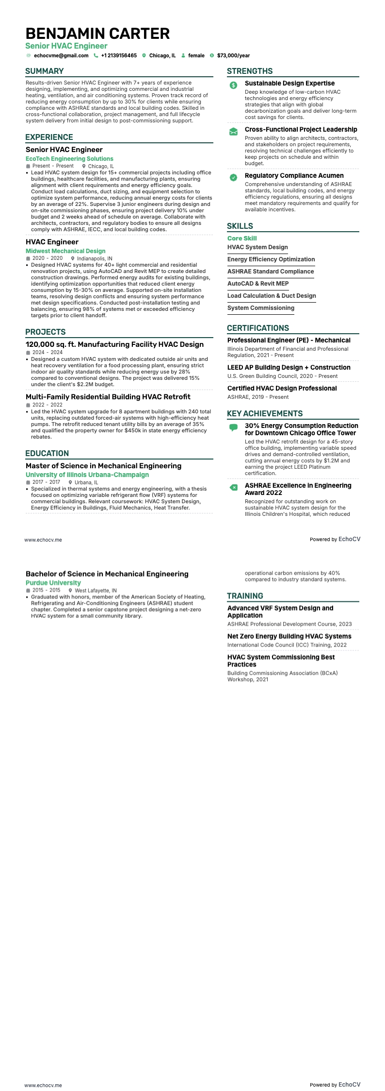 Engenheiro HVAC sênior example resume