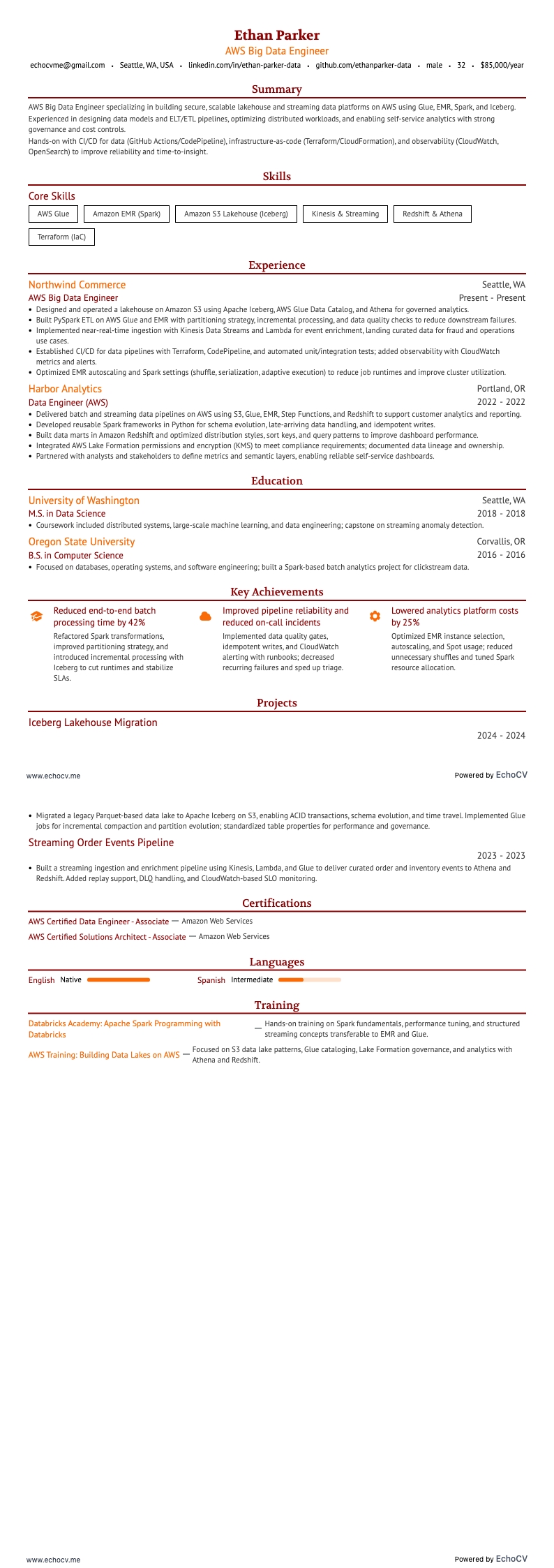 AWS Big Data Engineer example resume