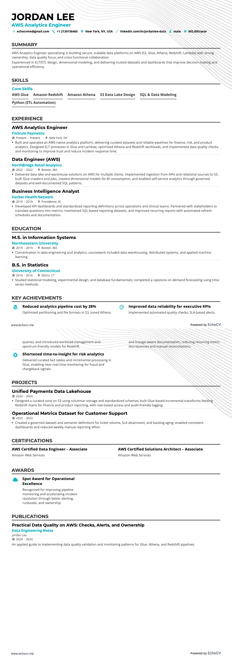 AWS Analytics Engineer example resume