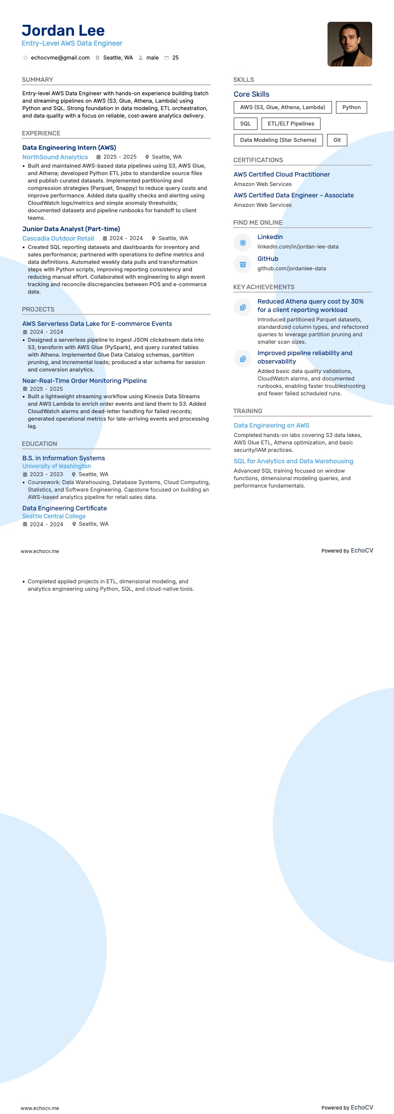 Entry-Level AWS Data Engineer example resume