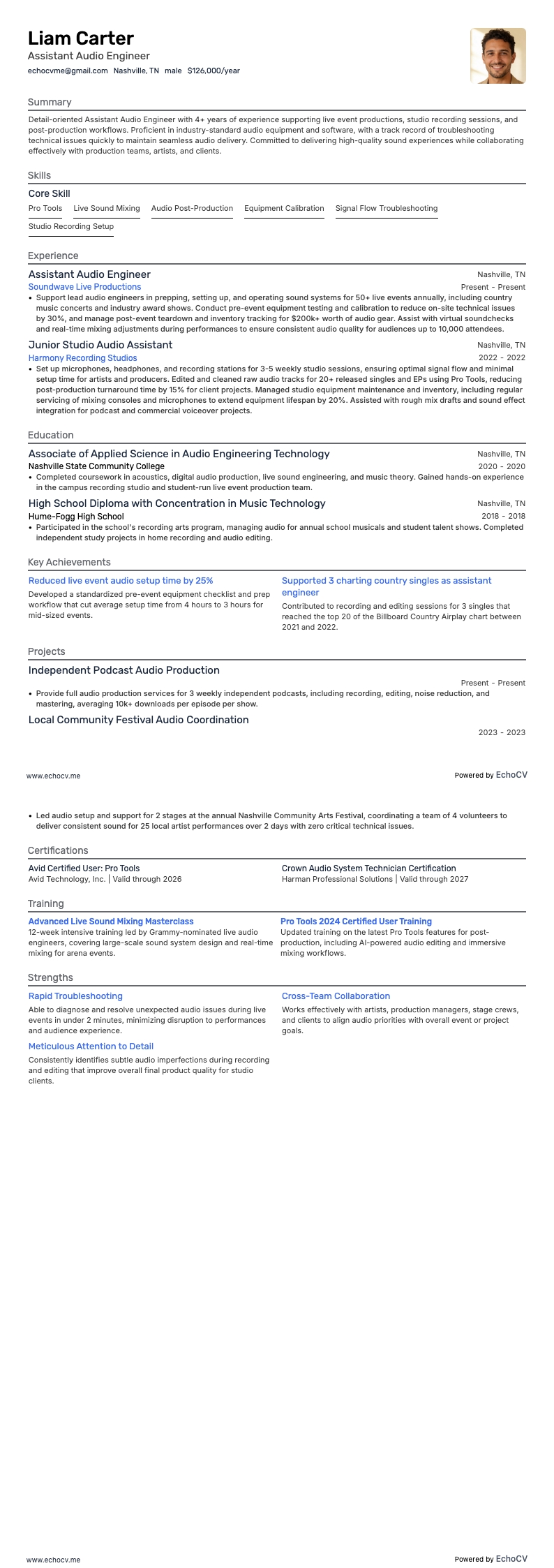 Assistent-audio-engineer example resume