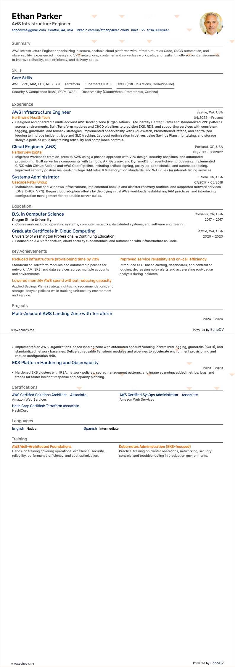 AWS Infrastructure Engineer example resume