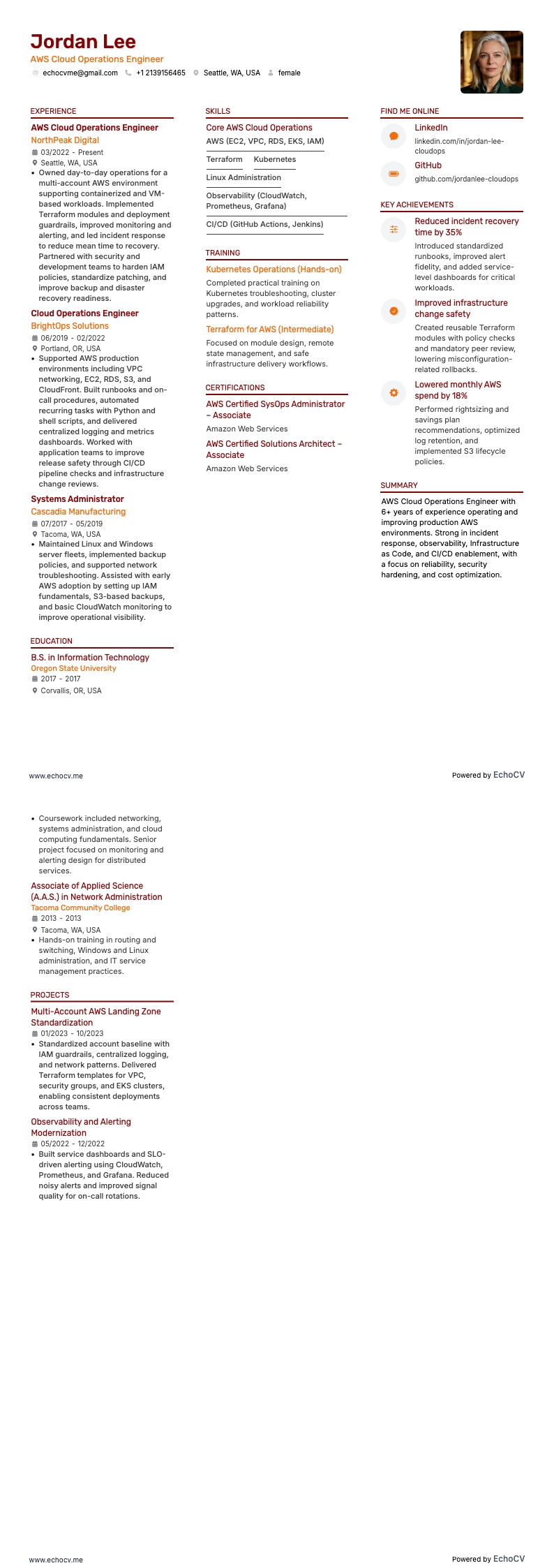 AWS Cloud Operations Engineer example resume