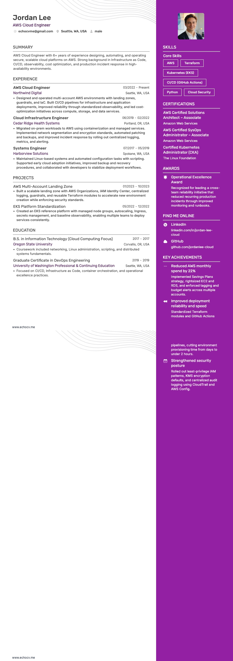 AWS Cloud Engineer example resume