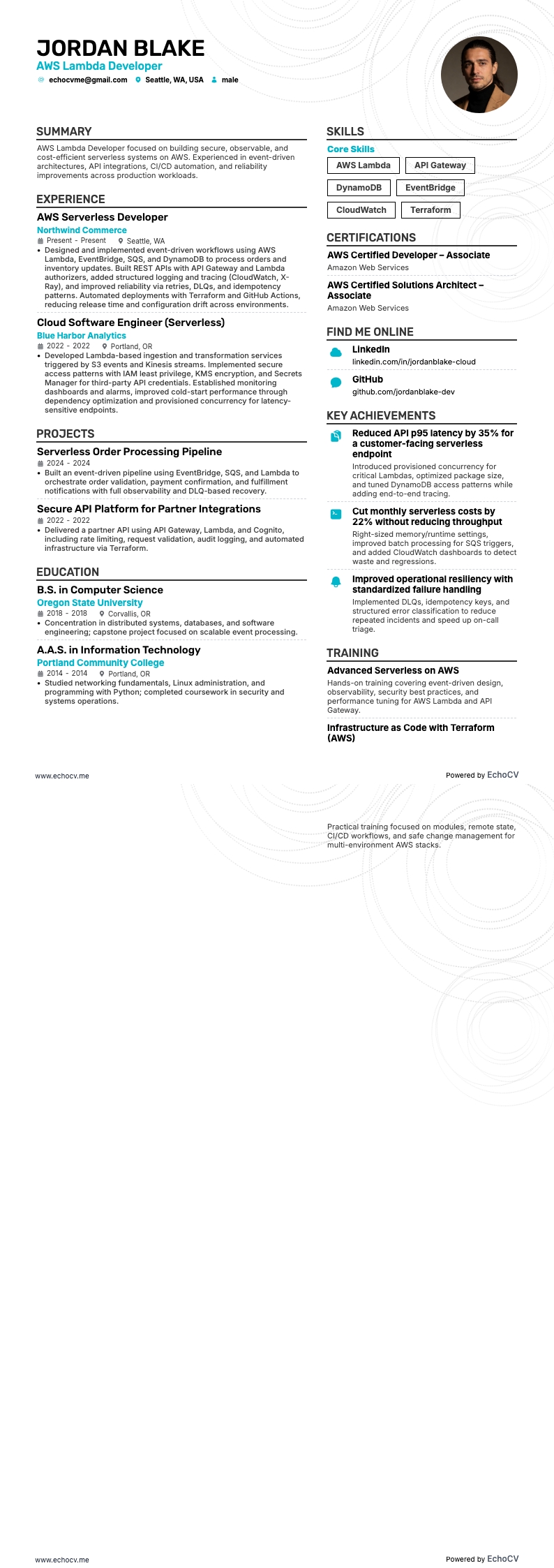 AWS Lambda Developer example resume
