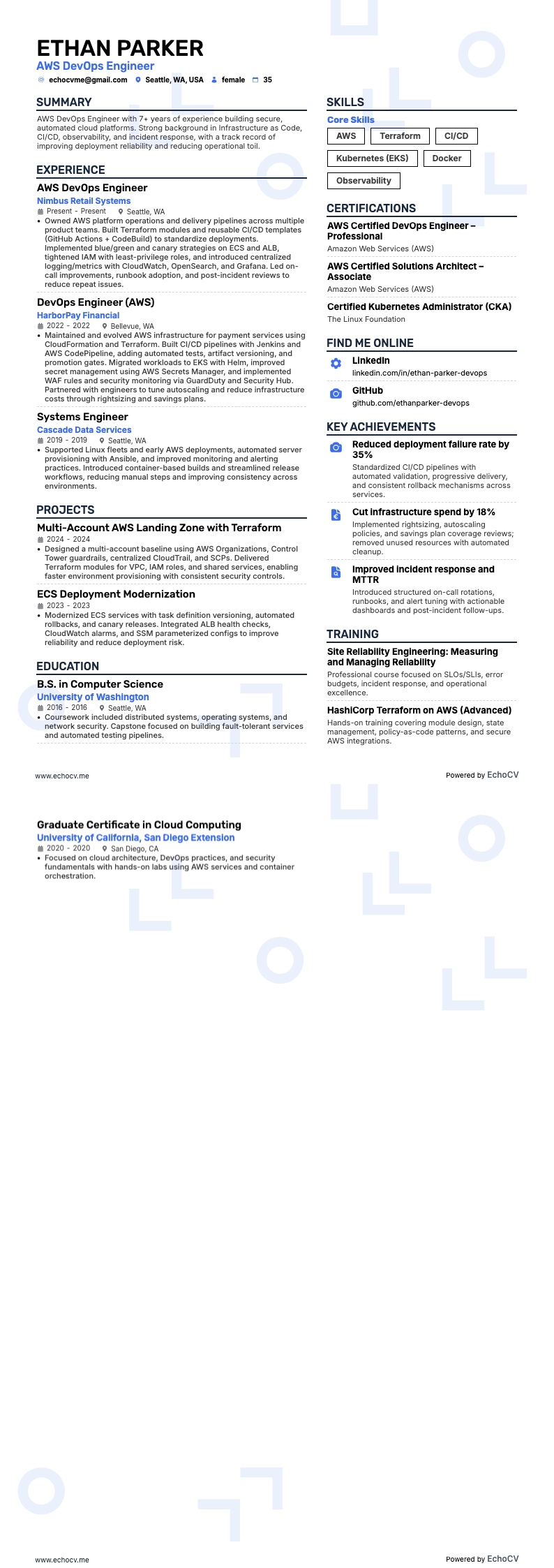 AWS DevOps Engineer example resume