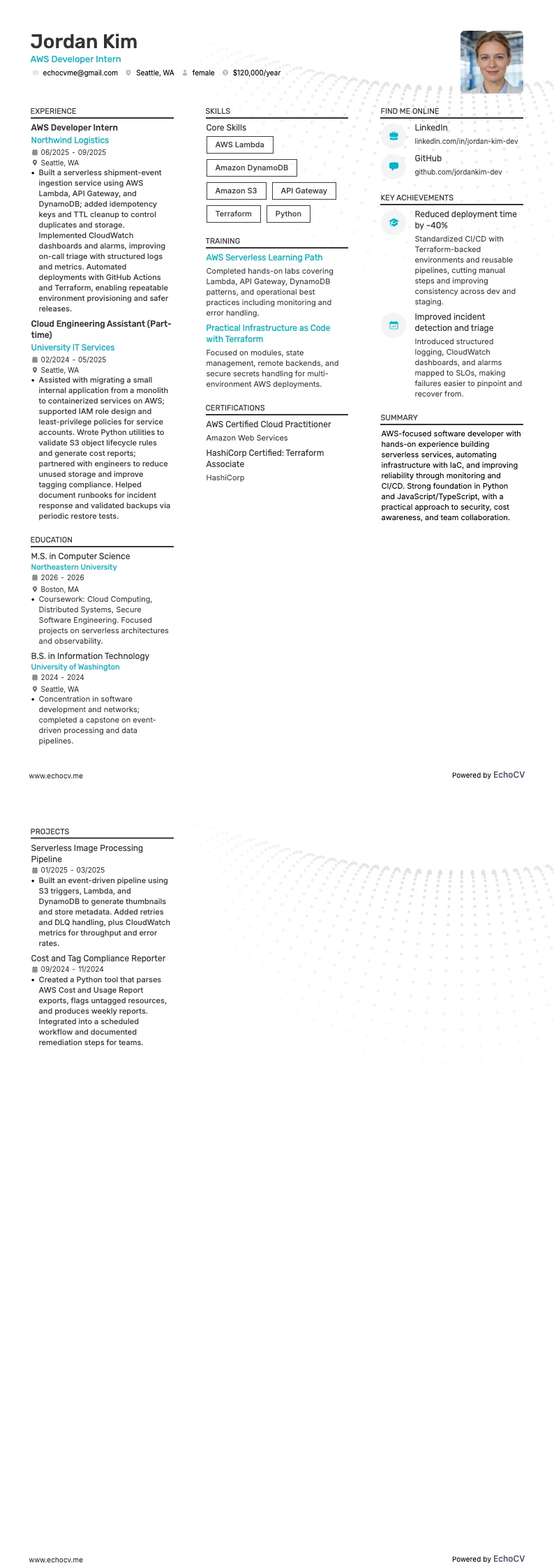 AWS Developer Intern example resume