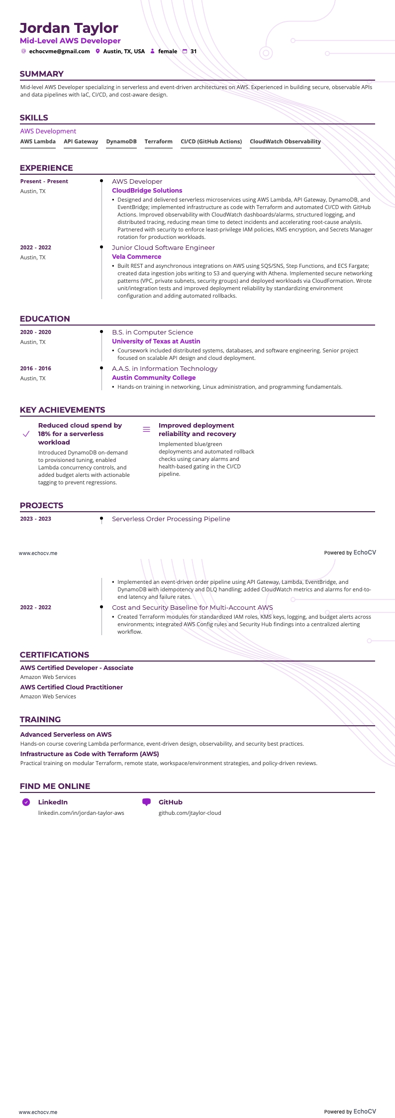 Mid-Level AWS Developer example resume