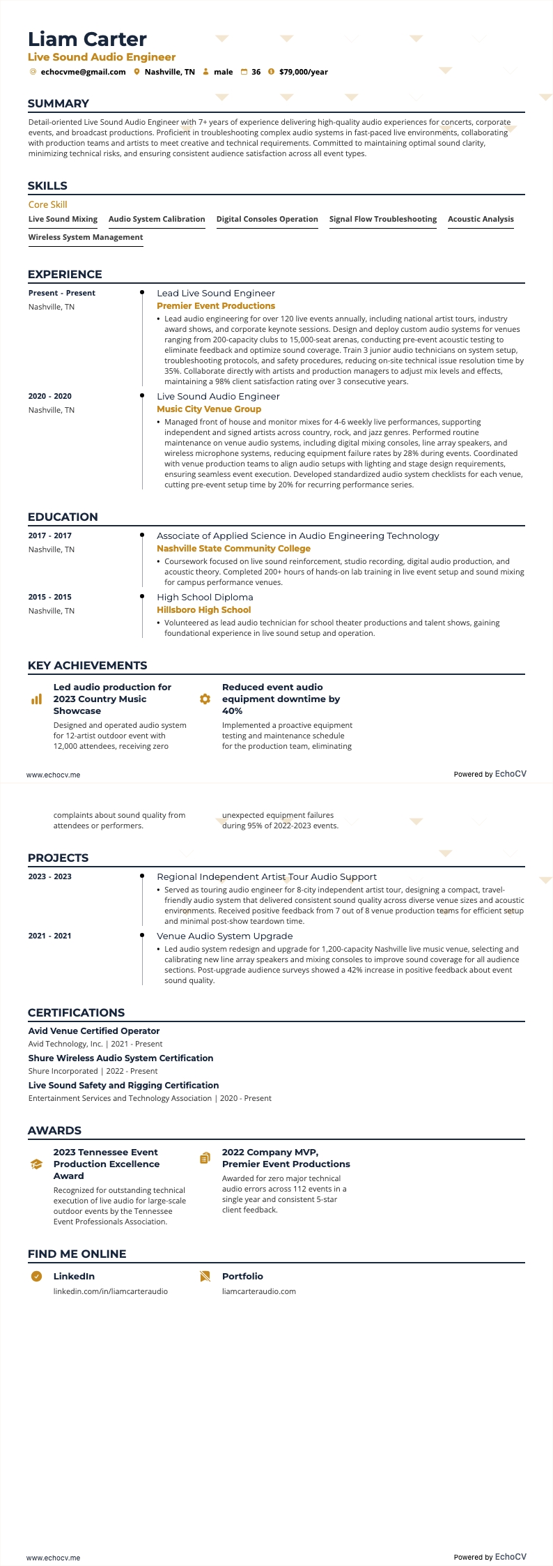Audio-engineer live sound example resume