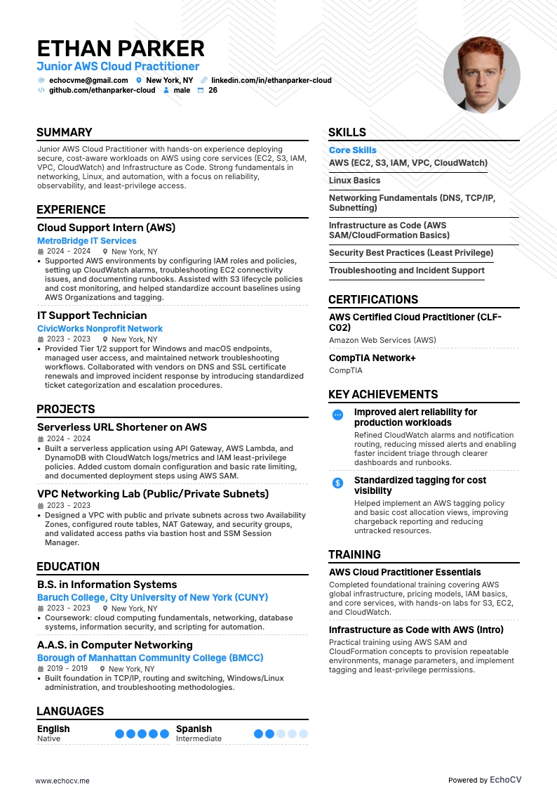 Junior AWS Cloud Practitioner example resume