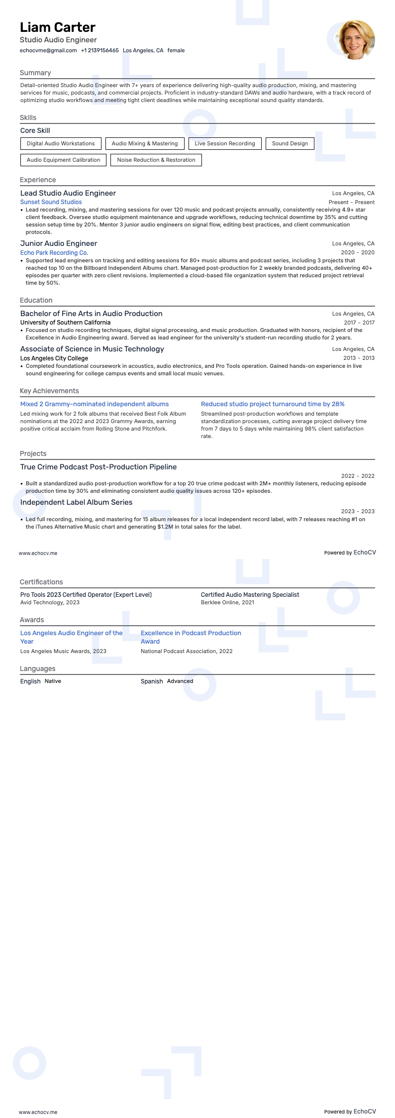 Studio-audio-engineer example resume