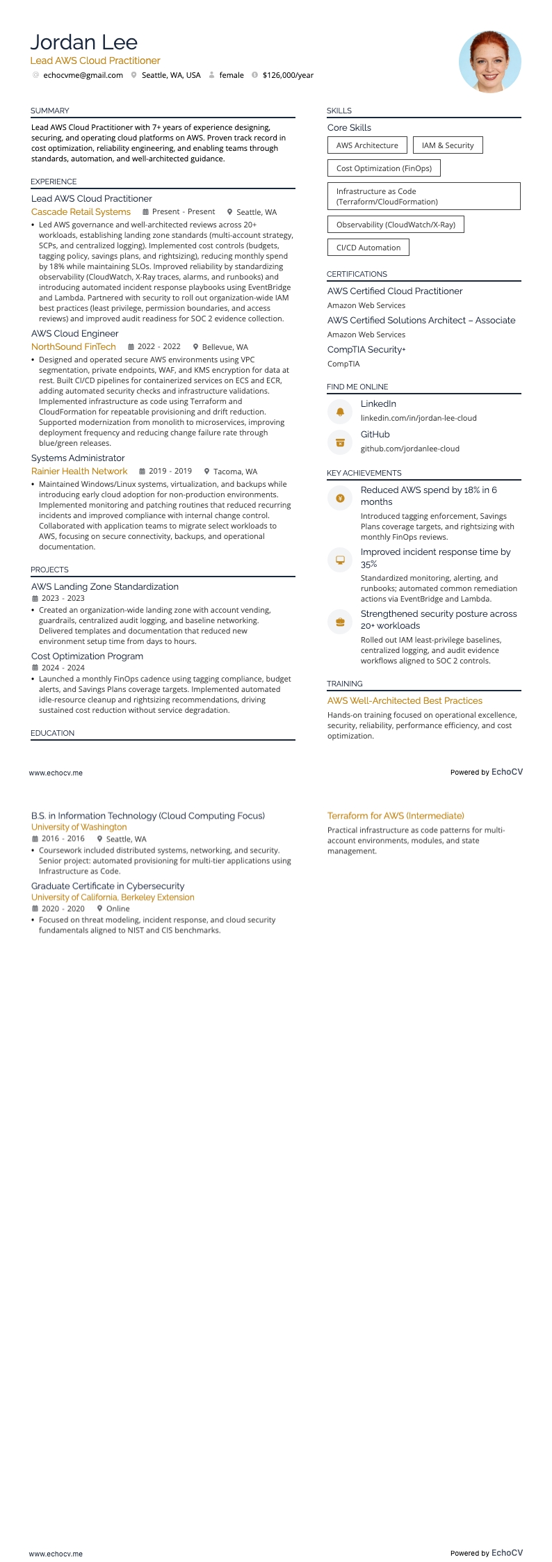 Ledande AWS Cloud Practitioner resume example