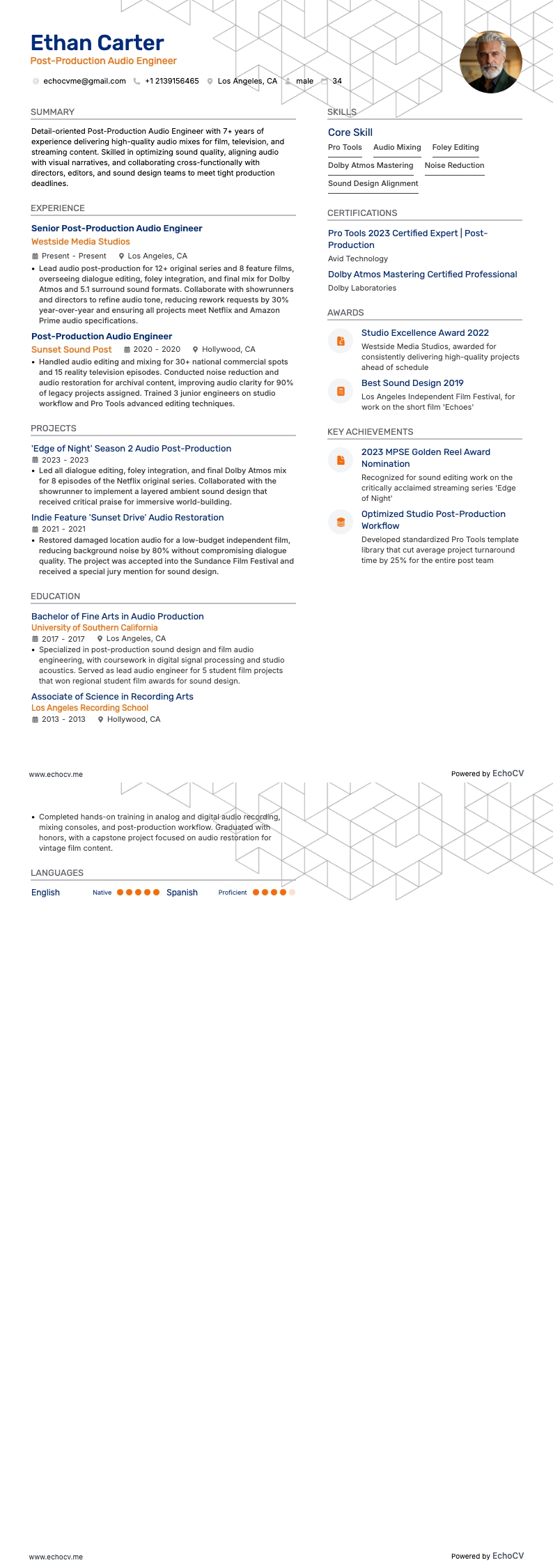 Audio-engineer postproductie resume example