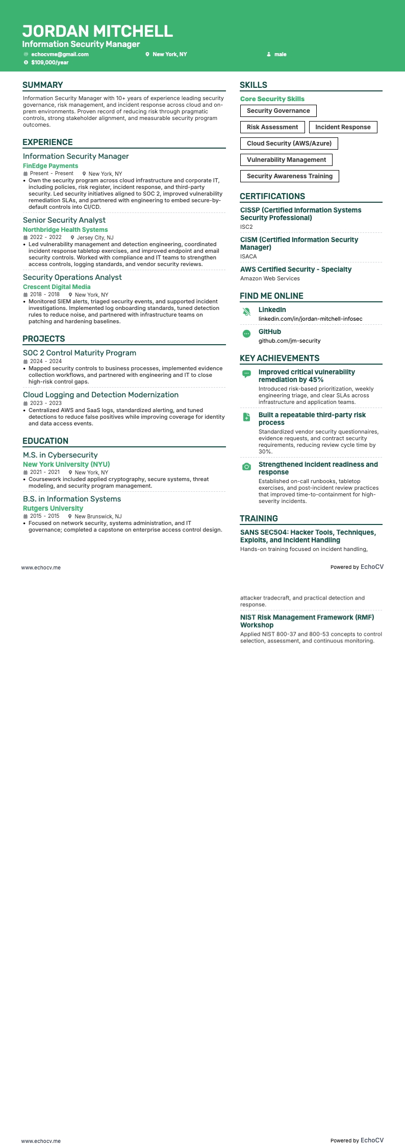 Information Security Manager example resume