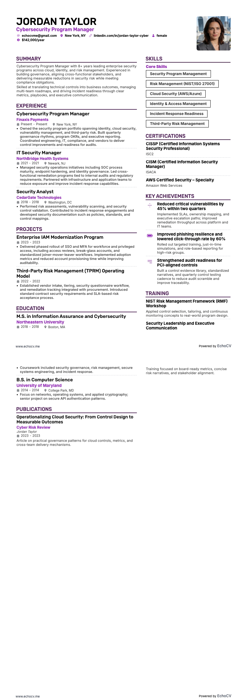 Cybersecurity Program Manager example resume