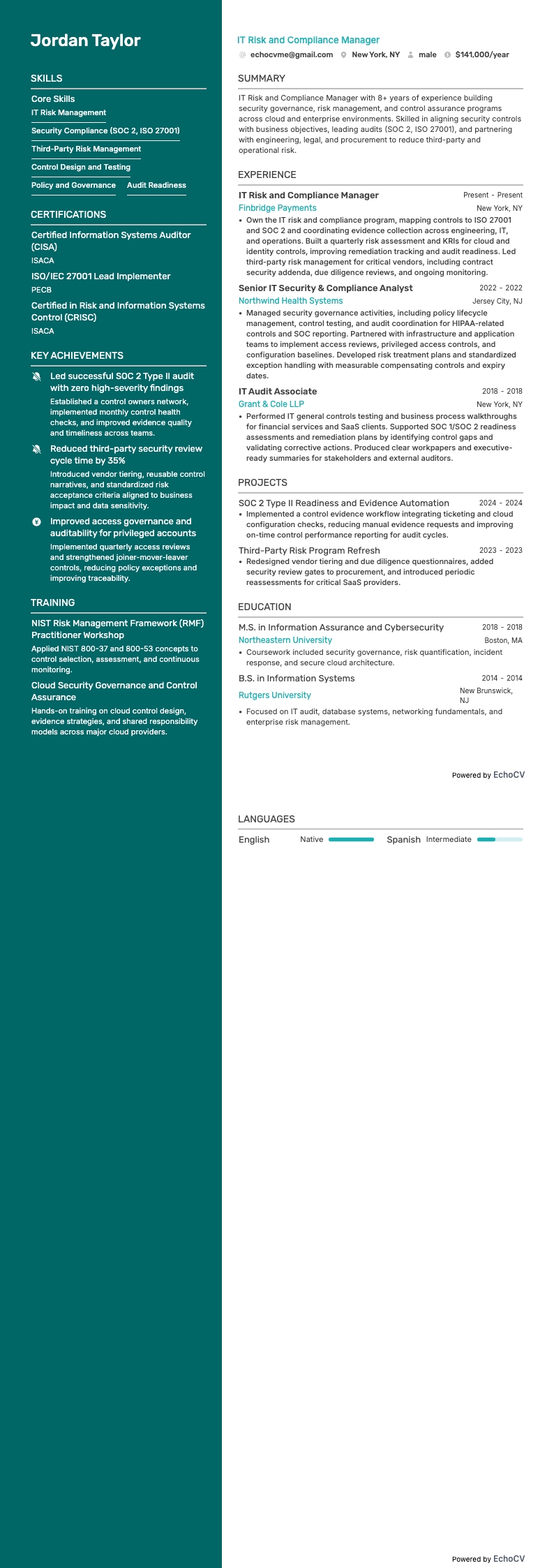 IT Risk and Compliance Manager example resume