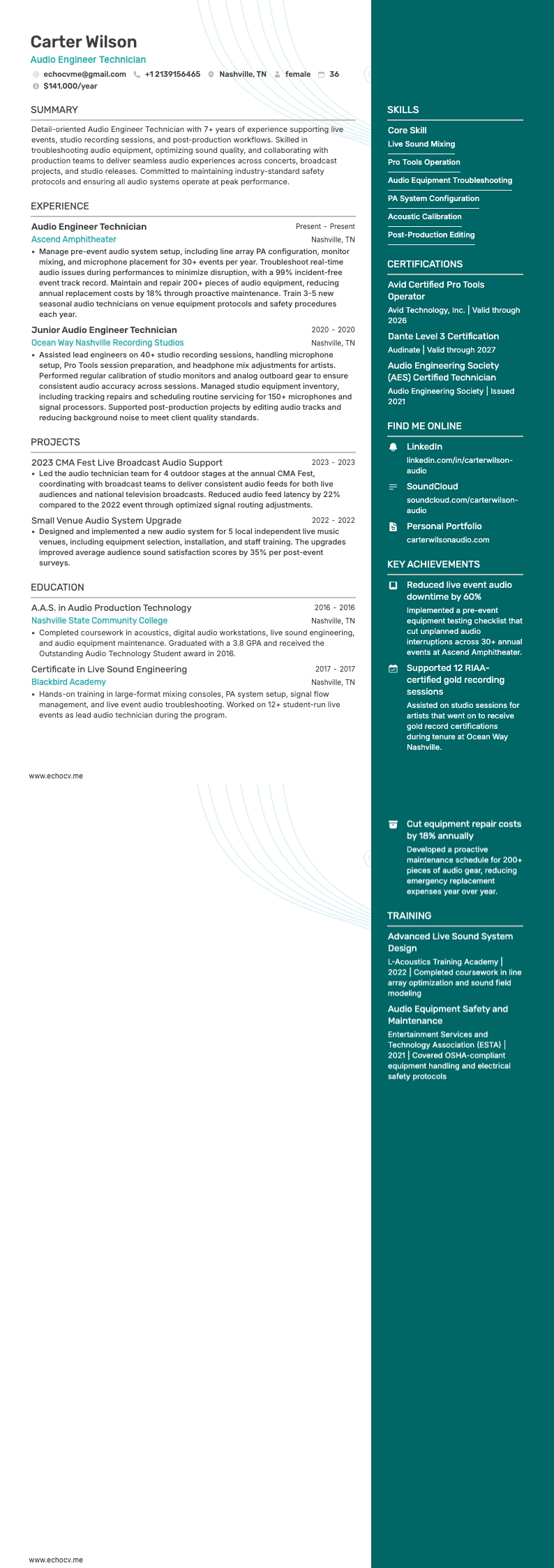 Audiotechnicus ingenieur example resume