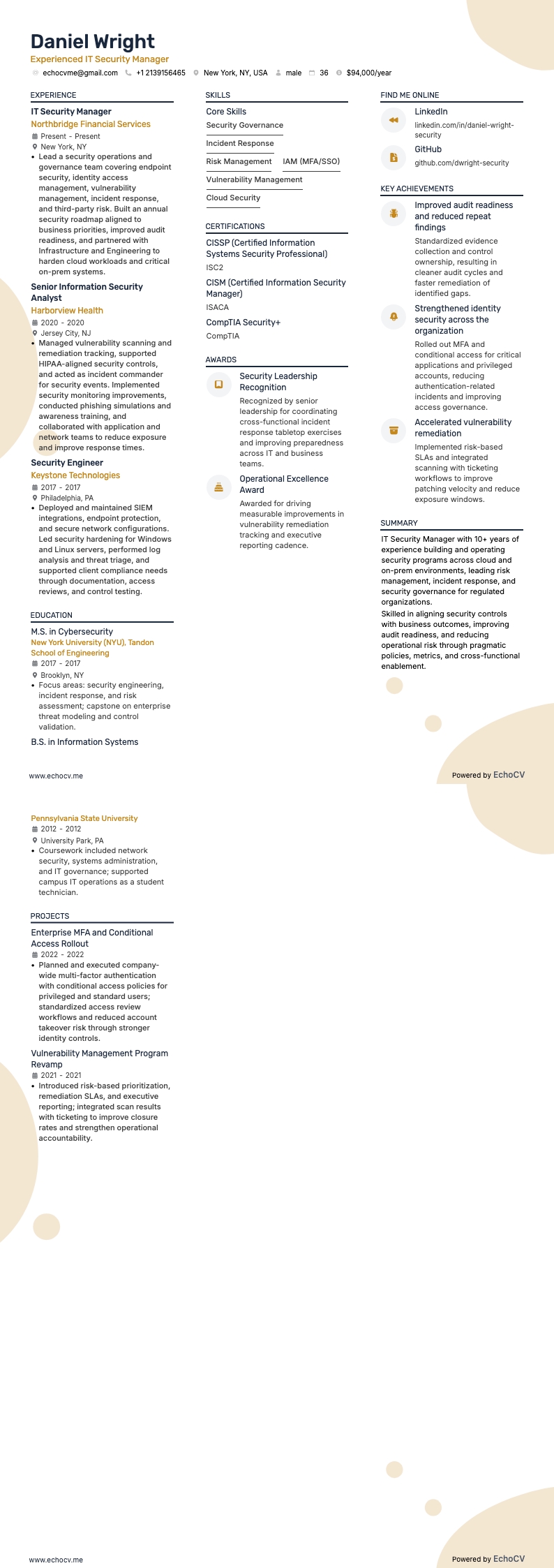 Experienced IT Security Manager example resume