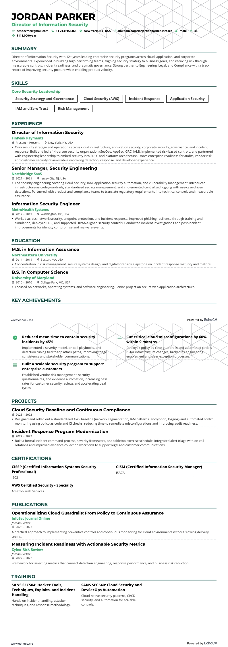 Director of Information Security example resume