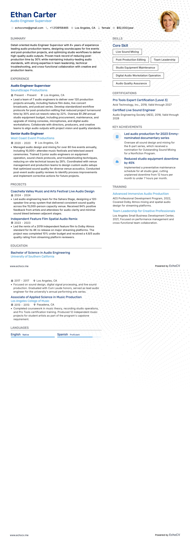 Supervisor audiotechniek example resume