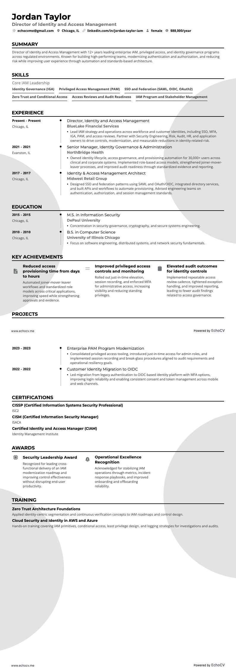 Director of Identity and Access Management example resume