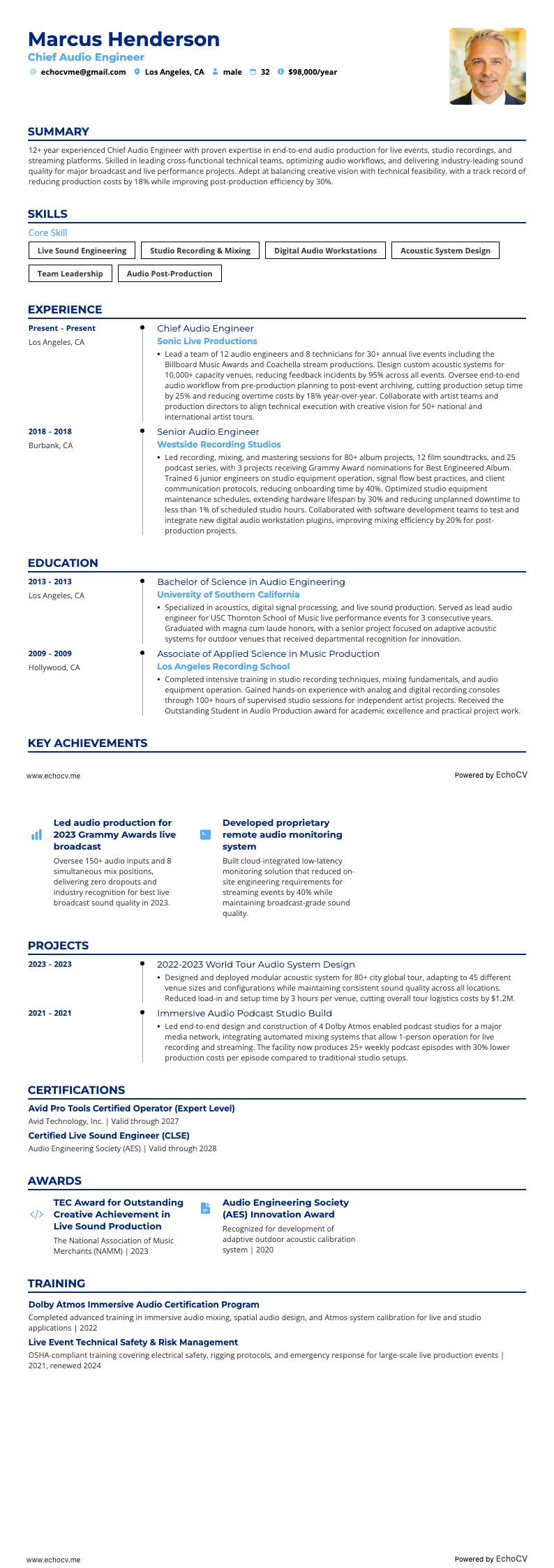 Hoofdaudio-ingenieur example resume