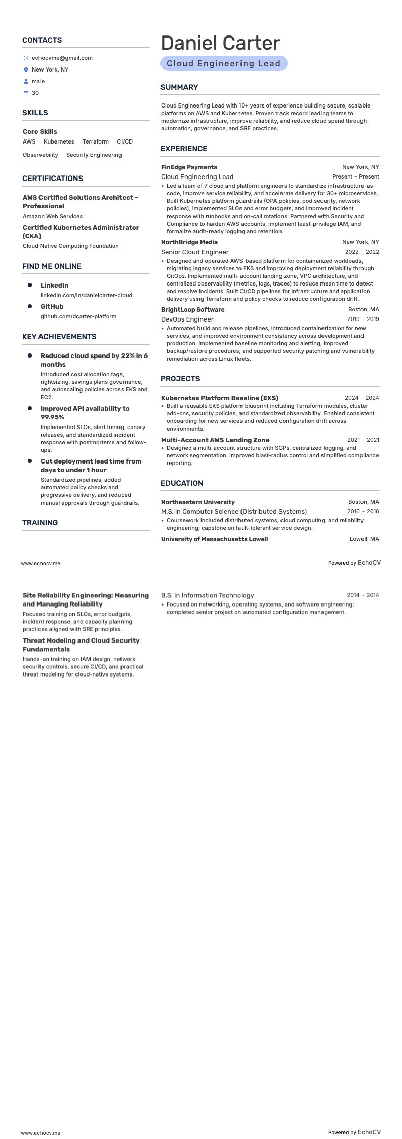 Cloud Engineering Lead example resume