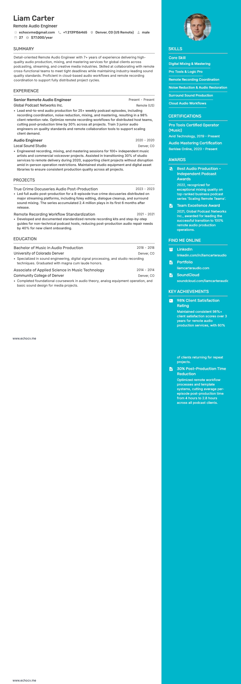 Audio-engineer op afstand example resume