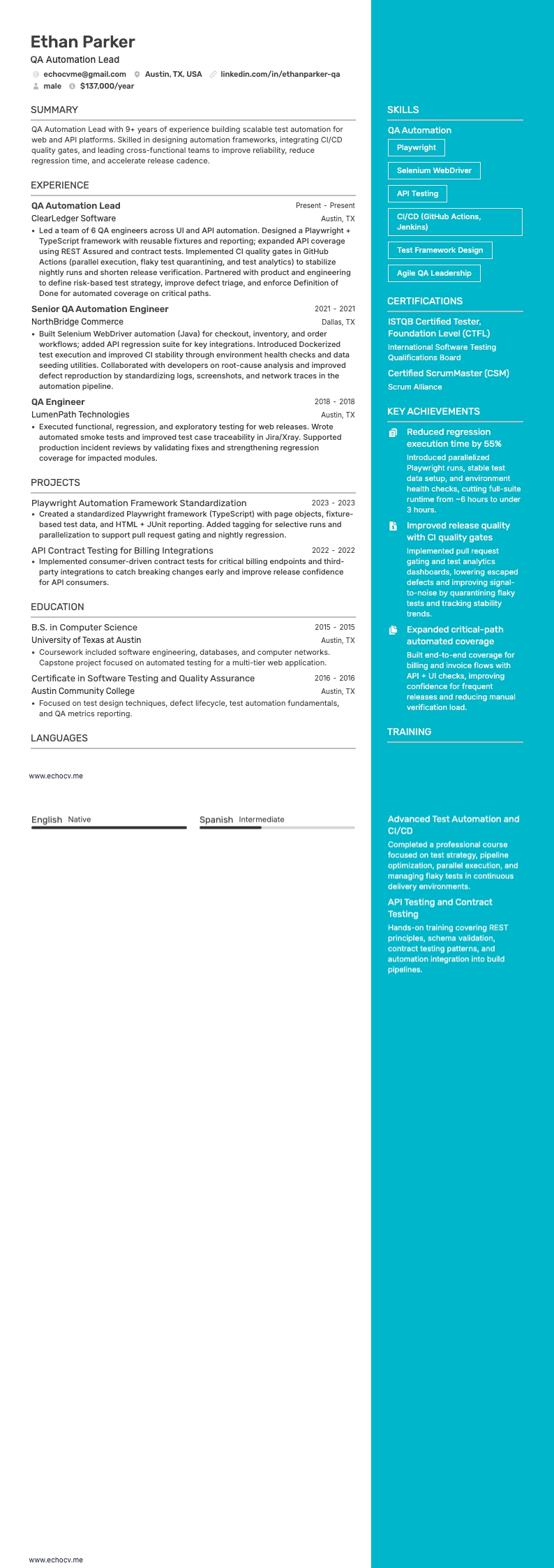 QA Automation Lead example resume