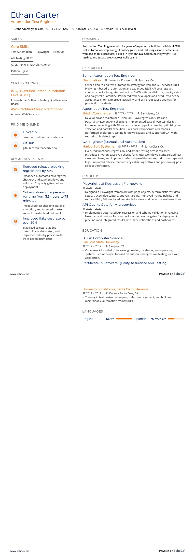 自动化测试工程师 resume example