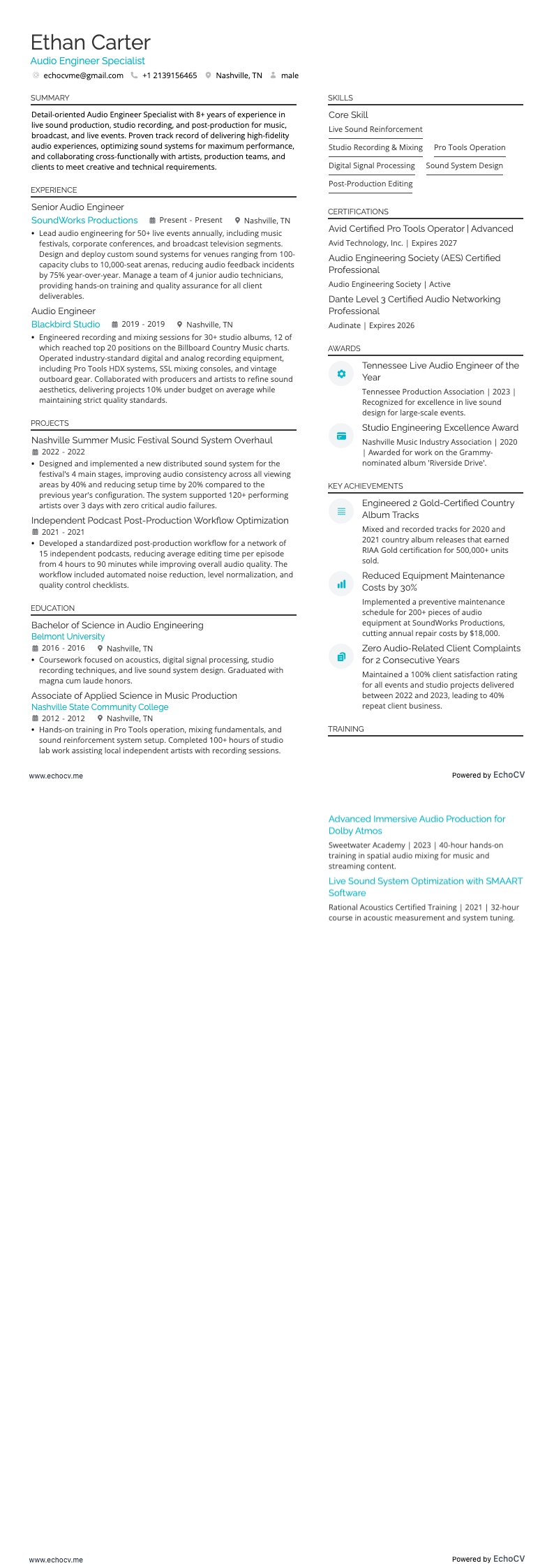 Specialist audio-engineering example resume