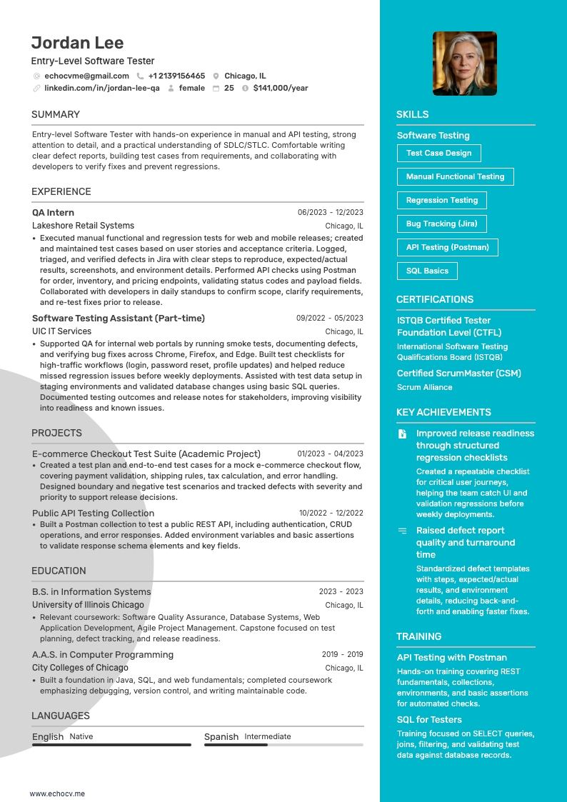 Entry-Level Software Tester example resume