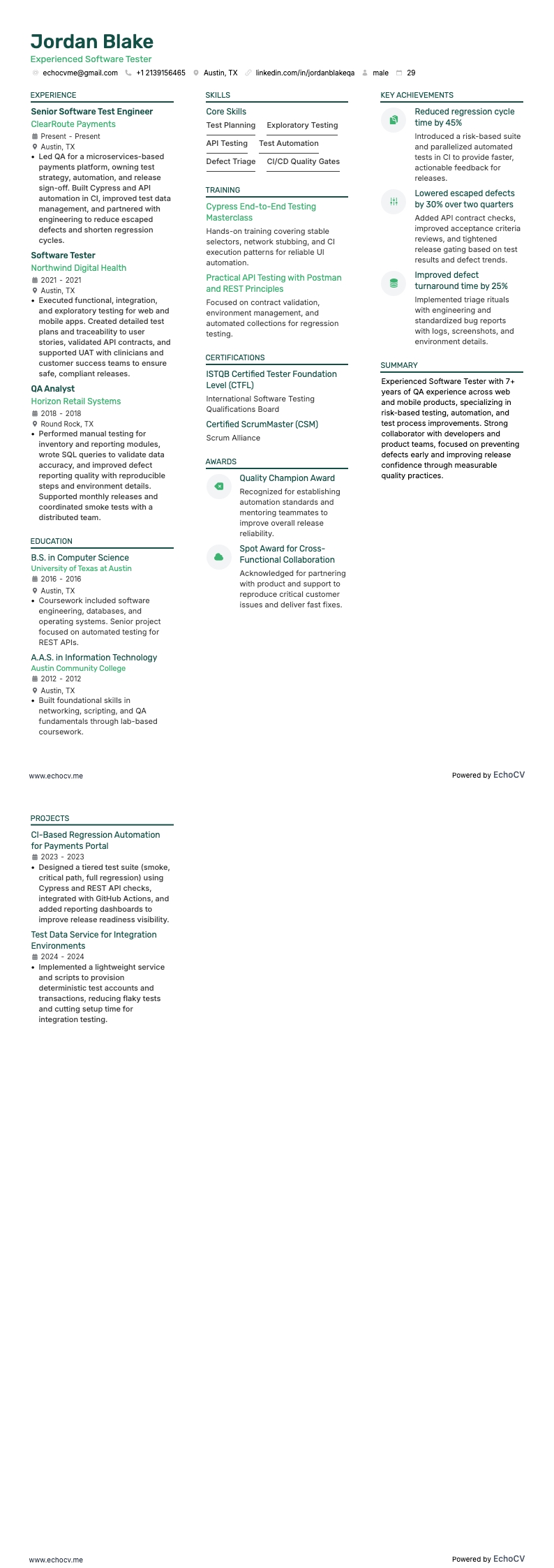Experienced Software Tester full preview