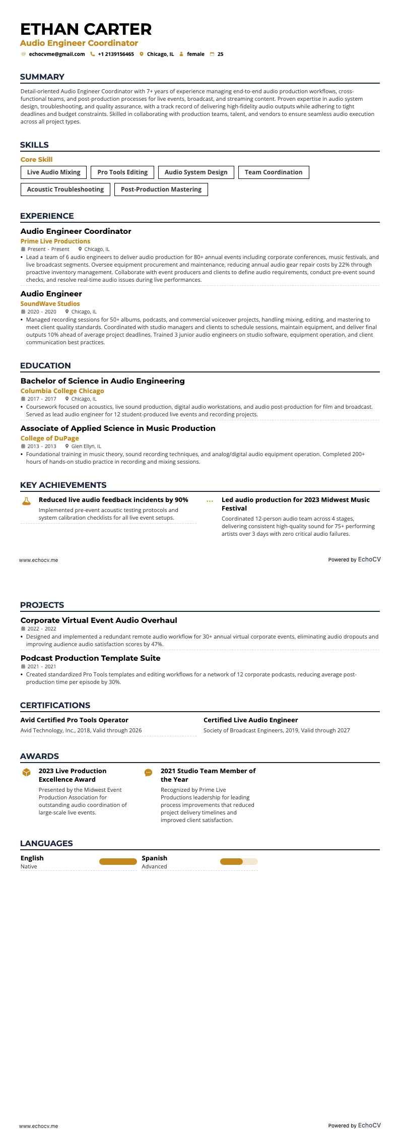 Coördinator audiotechniek example resume