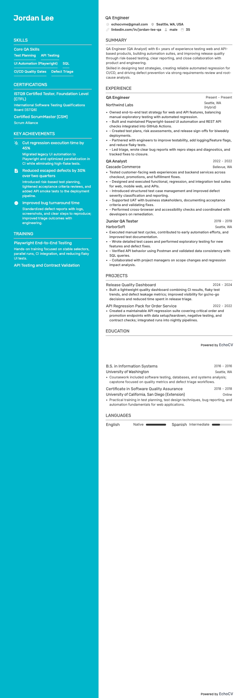 QA Engineer example resume