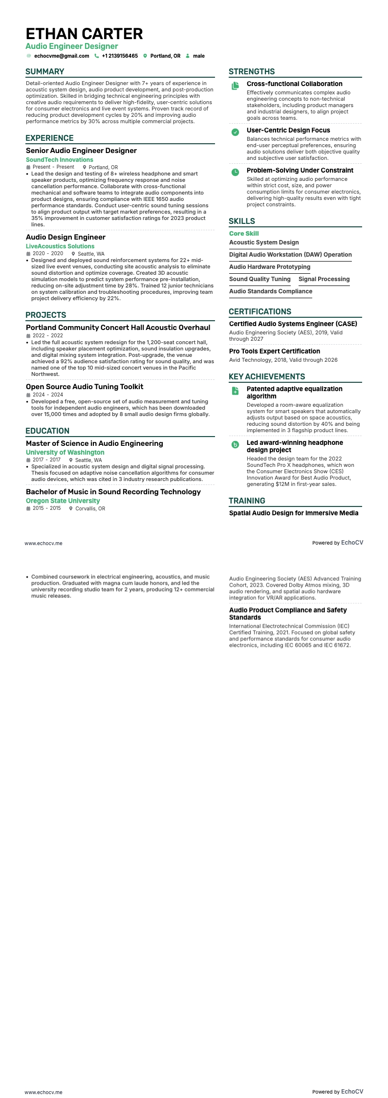 Audio engineer en designer example resume