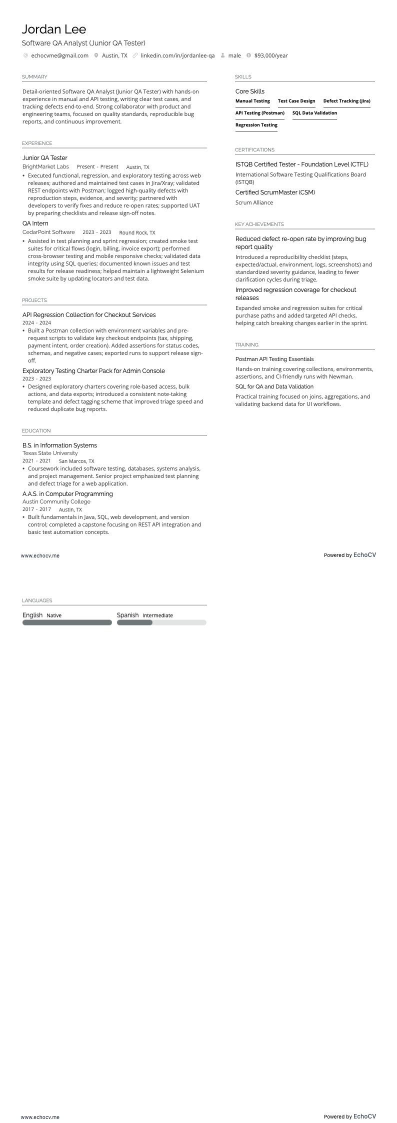 Software QA Analyst example resume